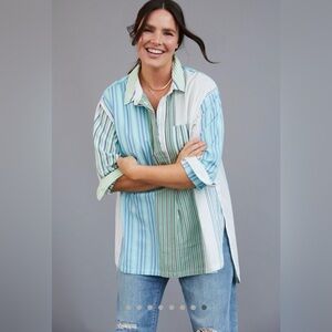 Maeve Anthropologie Alix Henley Blouse Striped Button Down top Blue Green Small